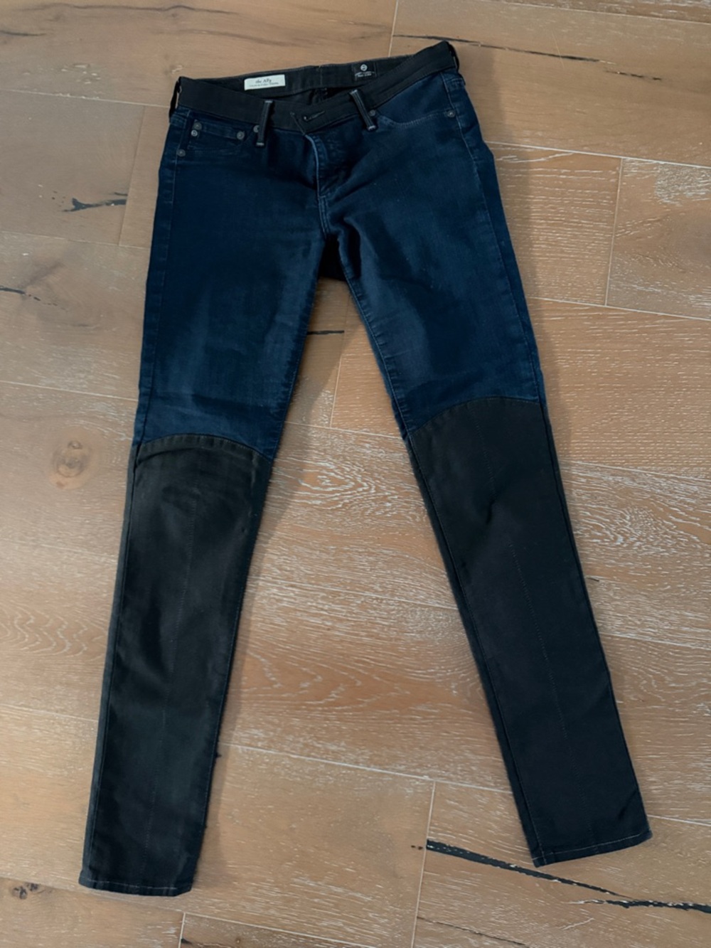 AG - Dark Indigo and Black Knee-Patch Skinny Jeans